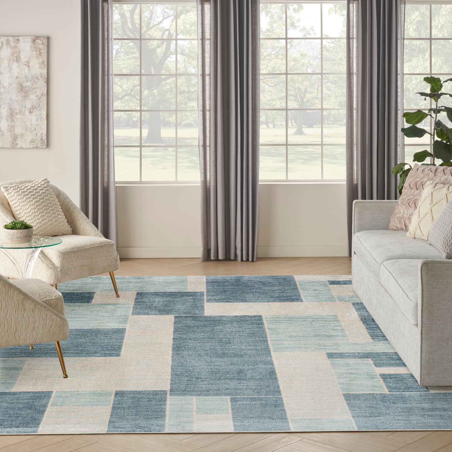 Nourison Astra Machine Washable 7'10" x 10' Blue Ivory Modern Indoor Rug