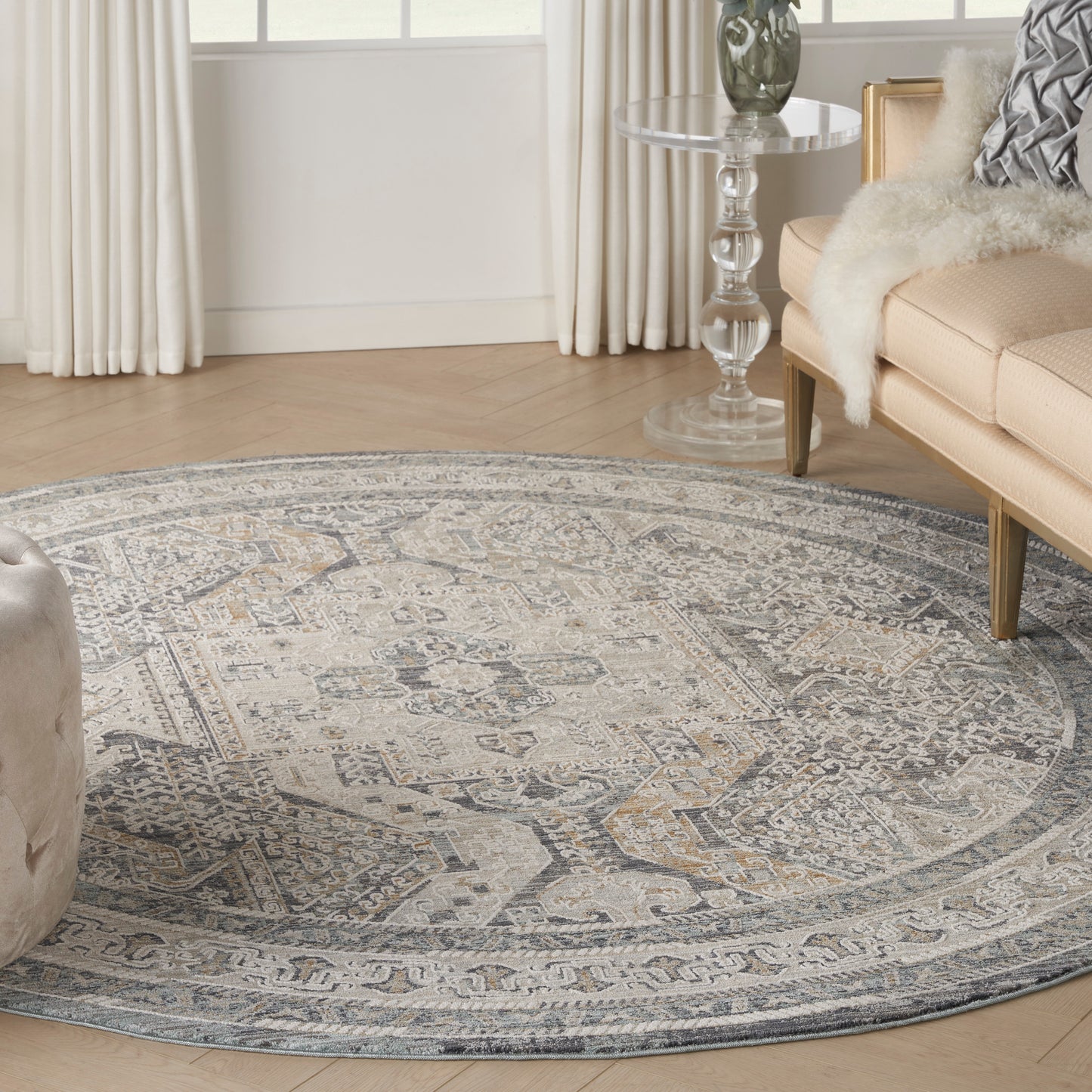 Nourison Lynx 7’10” x Round Ivory Charcoal Vintage Indoor Rug