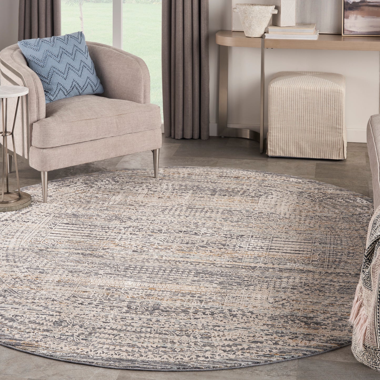 Nourison Lynx 7’10” x Round Ivory Slate Vintage Indoor Rug