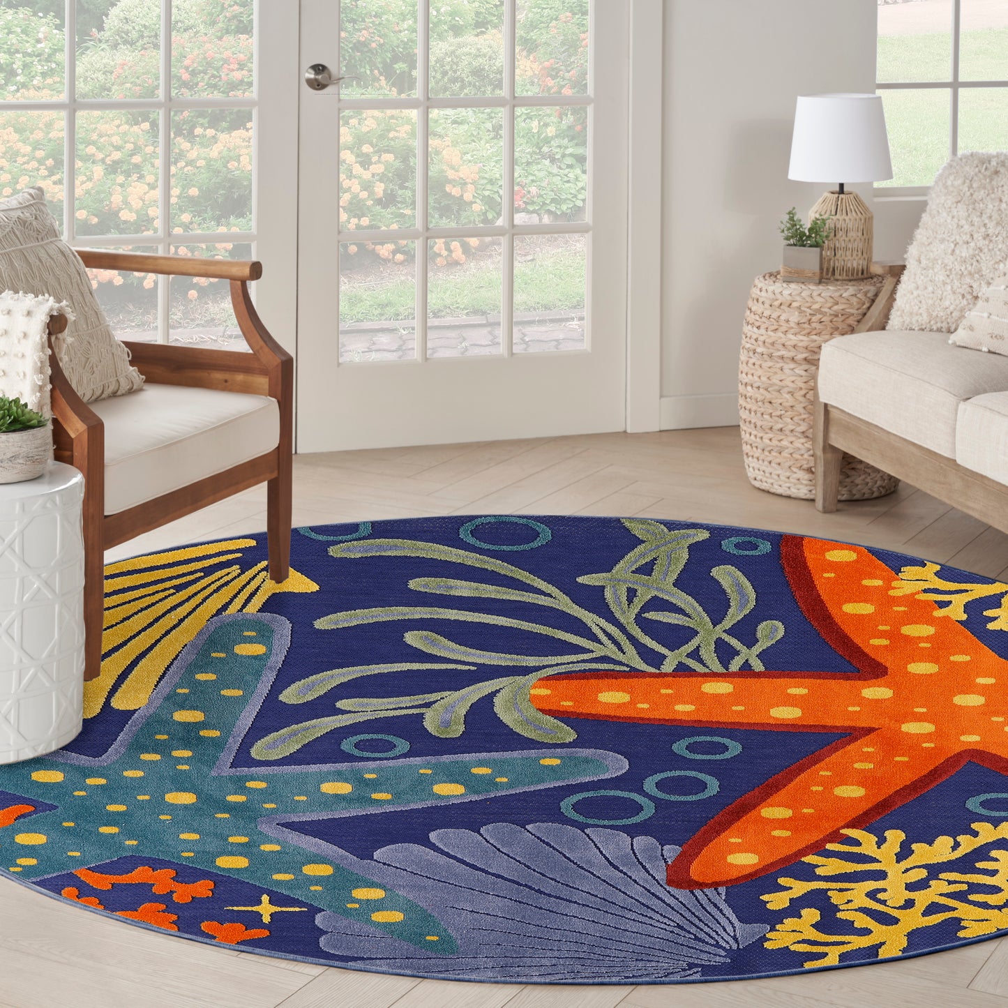 Nourison Aloha 5'3" x Round Navy Multicolor Outdoor Rug