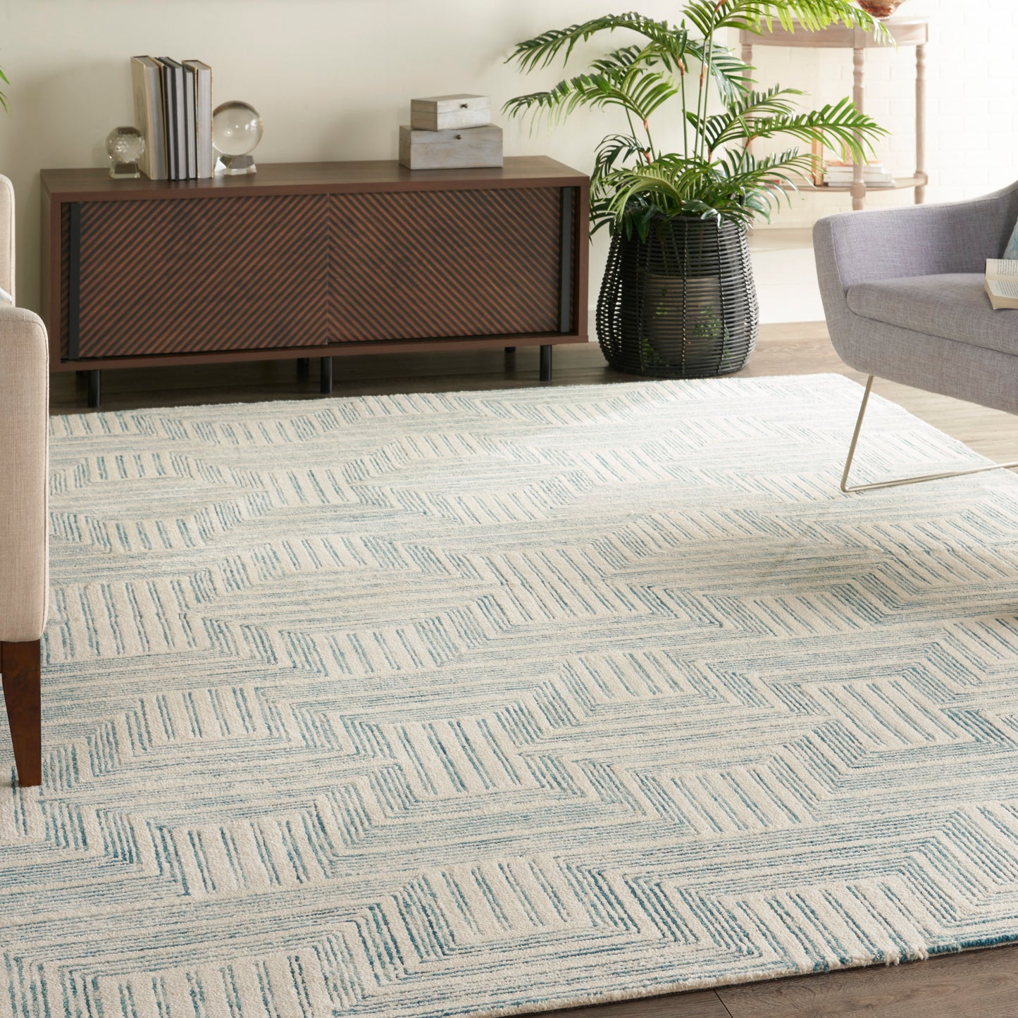 Nourison Interlock 8' x 10'6" Ivory/Turquoise Modern Indoor Rug