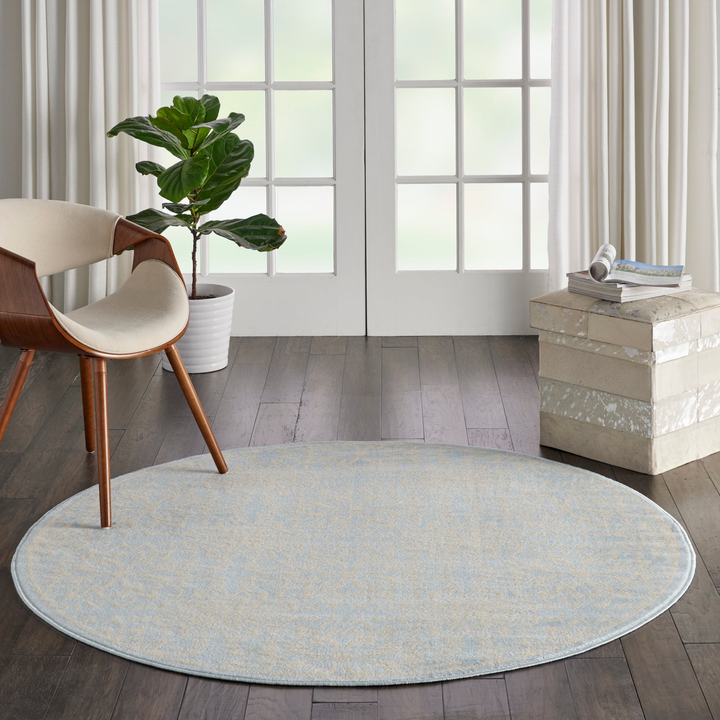 Nourison Jubilant 5'3" x Round Ivory/Light Blue Farmhouse Indoor Rug