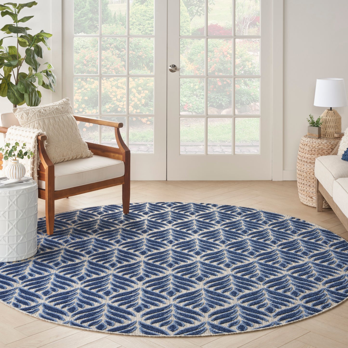 Nourison Aloha 7'10" x Round Blue Tropical Rug