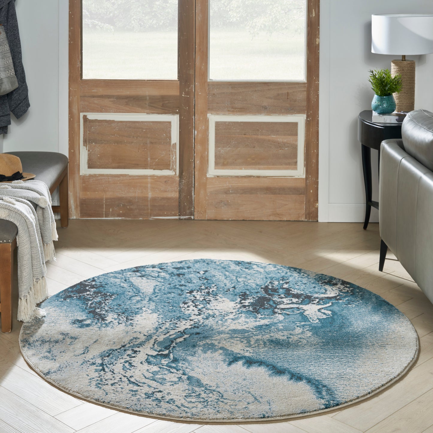 Nourison Maxell 3'10" x Round Ivory/Teal Modern Indoor Rug