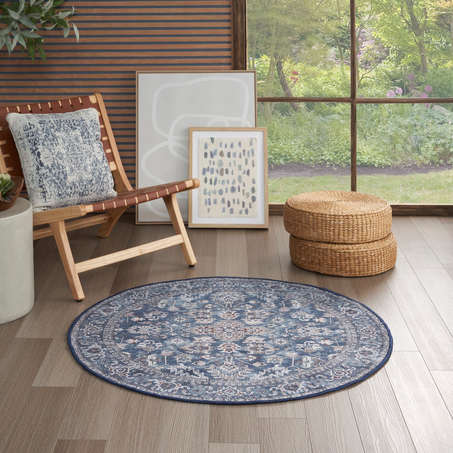 Nicole Curtis Machine Washable Series 1 4' x Round Navy Ivory Vintage Indoor Rug