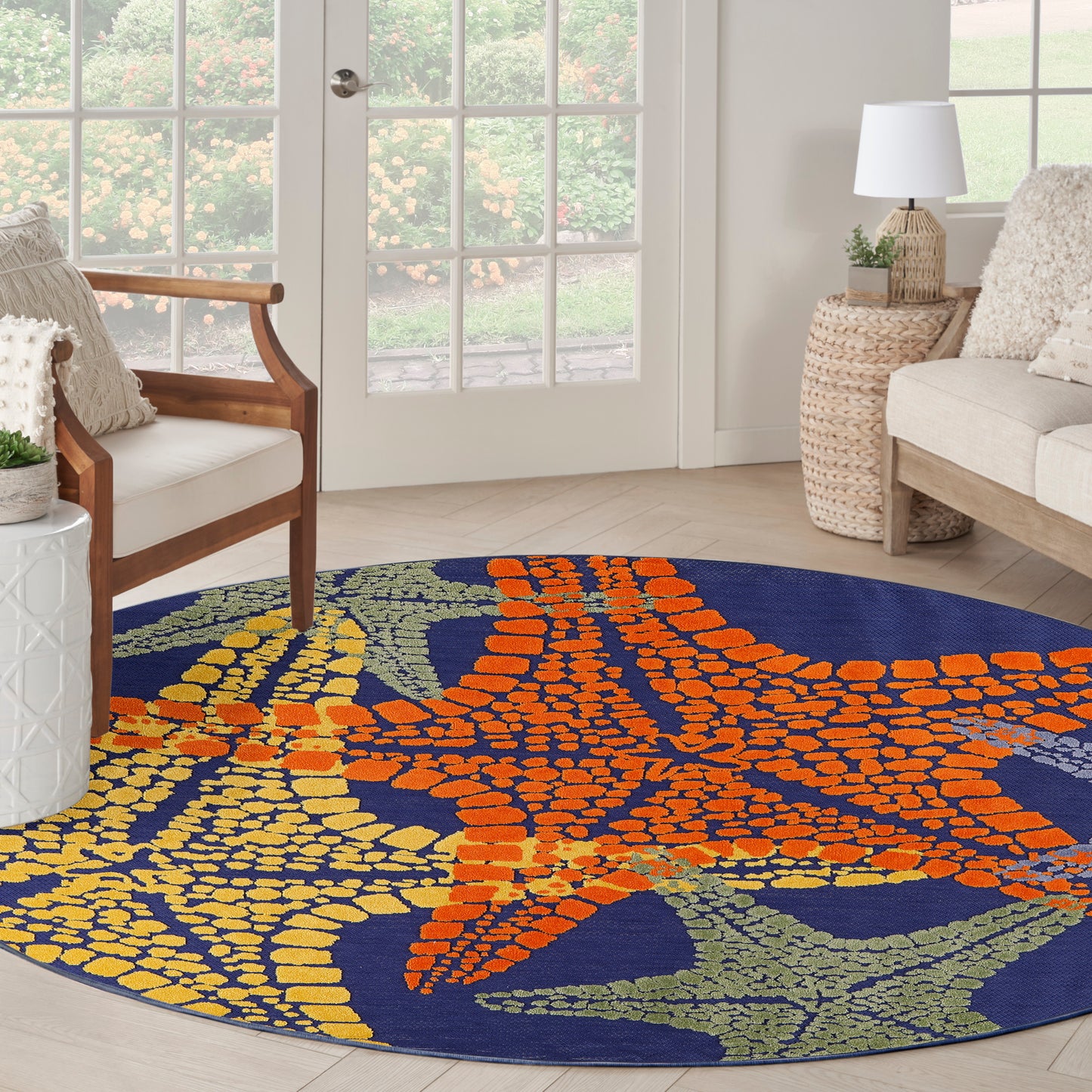 Nourison Aloha 5'3" x Round Blue Multicolor Outdoor Rug